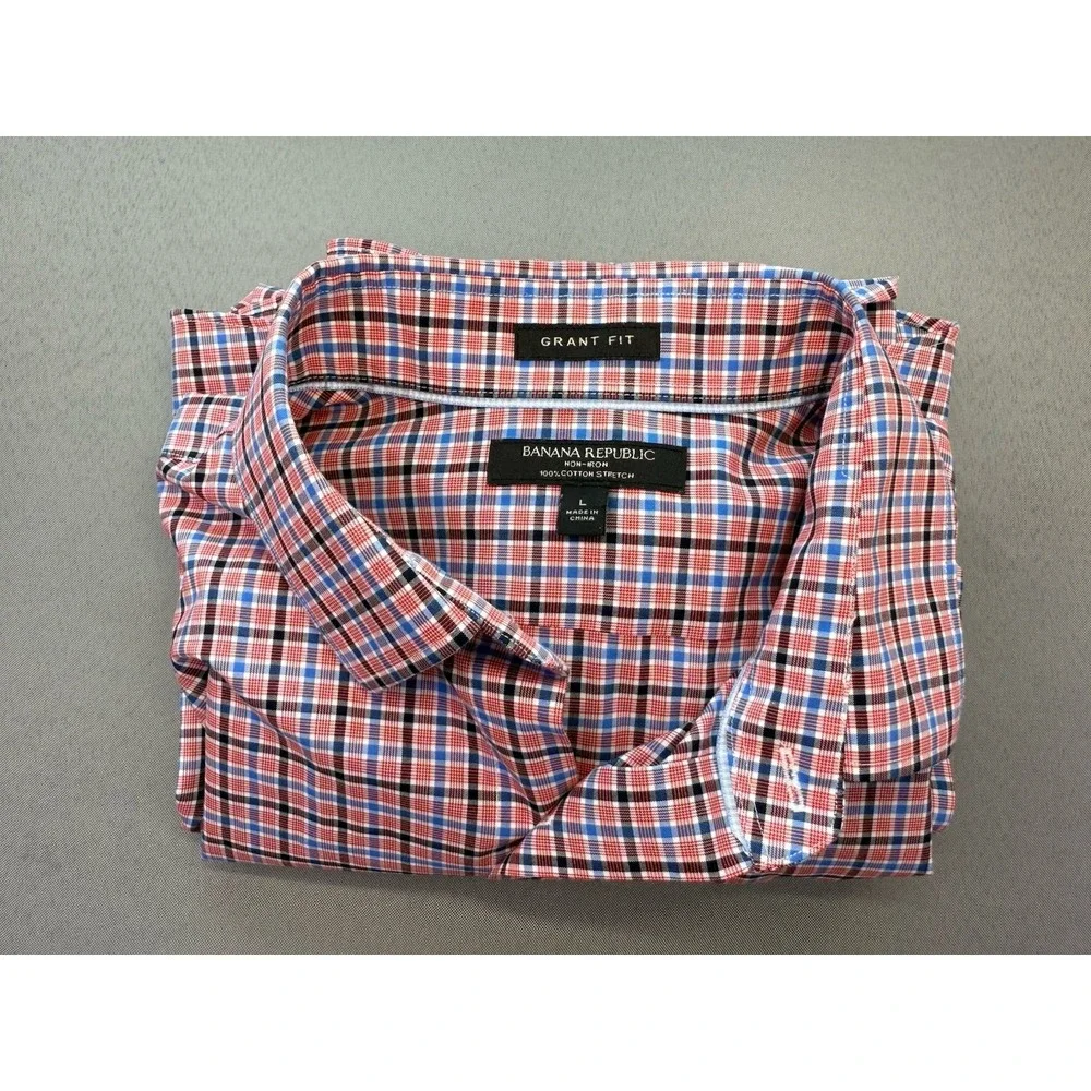 Banana Republic Button Up Shirt Tailored Grant Fit Red Blue Black Non-Iron Large